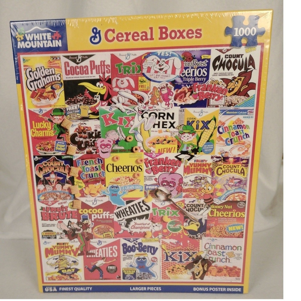 NEW White Mountain Puzzles Cereal Boxes 1000 Piece Jigsaw Puzzle 1261A Collage